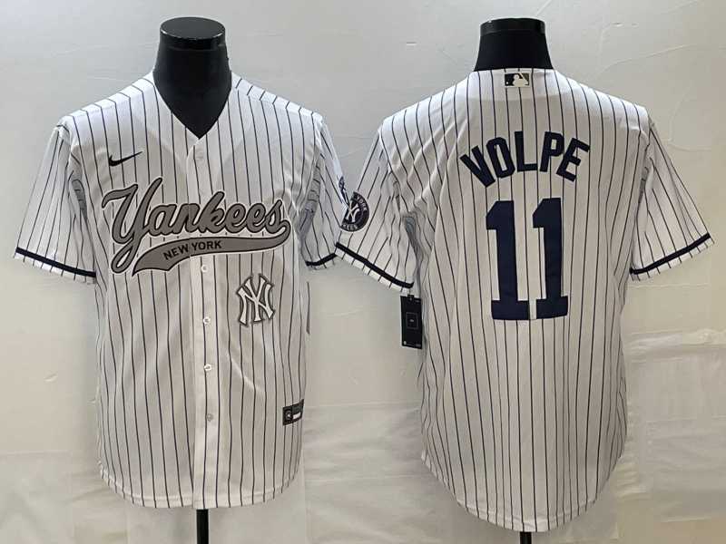 Men%27s New York Yankees #11 Anthony Volpe White With Patch Cool Base Stitched Baseball Jersey->new york yankees->MLB Jersey
